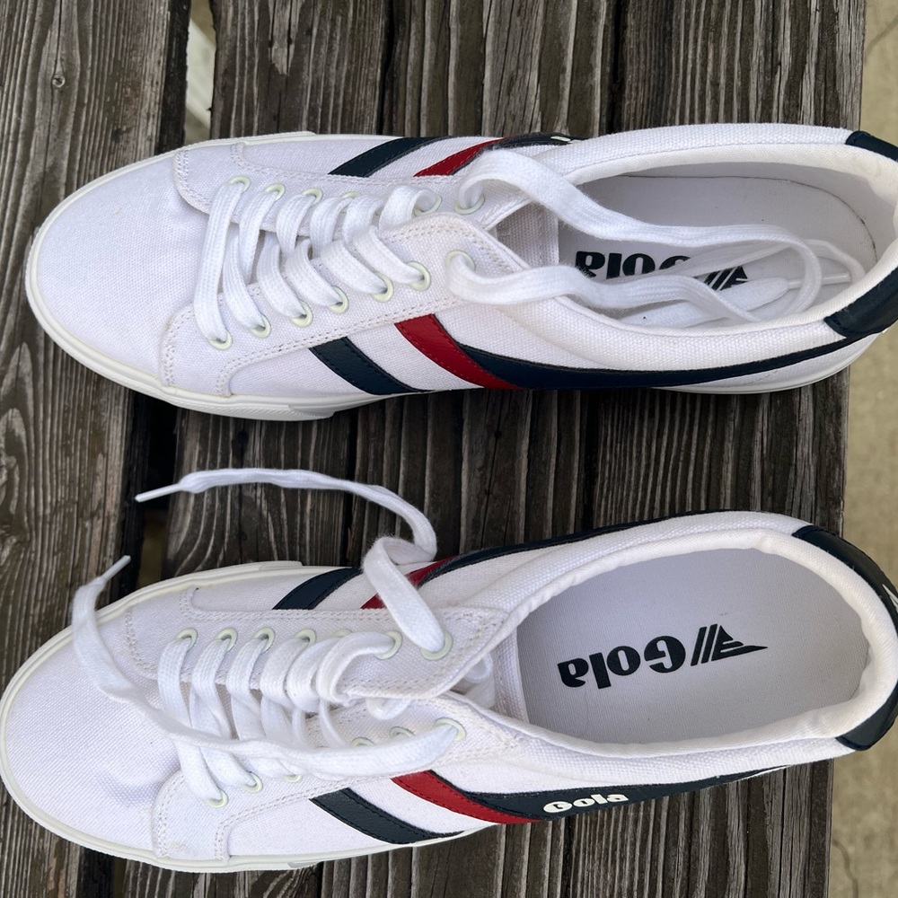 Gola White Sneakers with Red and Blue Stripes